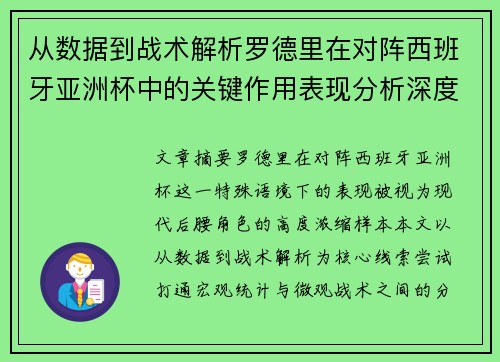 从数据到战术解析罗德里在对阵西班牙亚洲杯中的关键作用表现分析深度