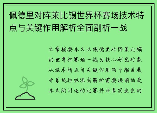 佩德里对阵莱比锡世界杯赛场技术特点与关键作用解析全面剖析一战